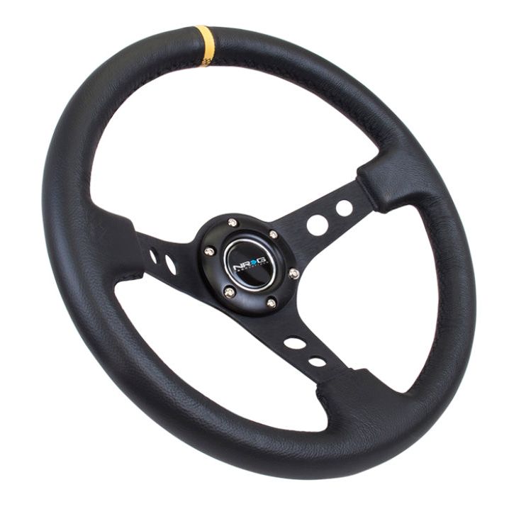 NRG Reinforced Steering Wheel (350mm / 3in. Deep) Blk Leather w/Blk Cutout Spoke/Yellow Center Mark-Steering Wheels-NRG-NRGRST-006BK-Y-SMINKpower Performance Parts