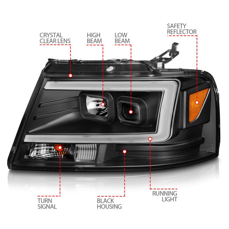 ANZO 2004-2008 Ford F-150 Projector Headlights w/ Light Bar Black Housing-Headlights-ANZO-ANZ111541-SMINKpower Performance Parts