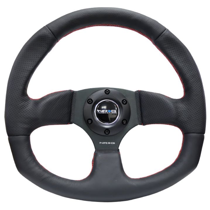 NRG Reinforced Steering Wheel (320mm Horizontal / 330mm Vertical) Leather w/Red Stitching - SMINKpower Performance Parts NRGRST-009R-RS NRG