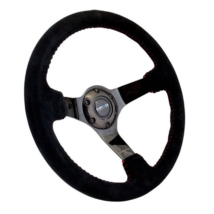NRG Reinforced Steering Wheel (350mm / 3in. Deep) Blk Suede w/Red BBall Stitch & Black 3-Spoke-Steering Wheels-NRG-NRGRST-036BK-S-SMINKpower Performance Parts