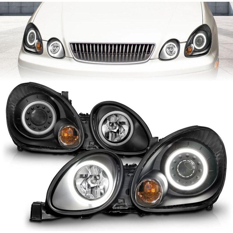 ANZO 1998-2005 Lexus Gs300 Projector Headlights w/ Halo Black-Headlights-ANZO-ANZ121144-SMINKpower Performance Parts