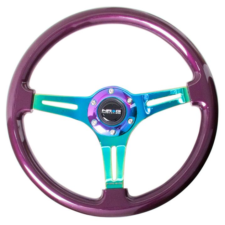 NRG Classic Wood Grain Steering Wheel (350mm) Purple Pearl Paint w/Neochrome 3-Spoke Center - SMINKpower Performance Parts NRGST-015MC-PP NRG