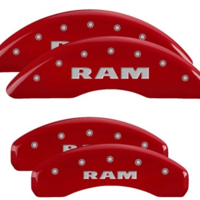 MGP 4 Caliper Covers Engraved Front & Rear 2019 Ram 1500 Red Finish Silver RAM Logo-Caliper Covers-MGP-MGP55006SRAMRD-SMINKpower Performance Parts